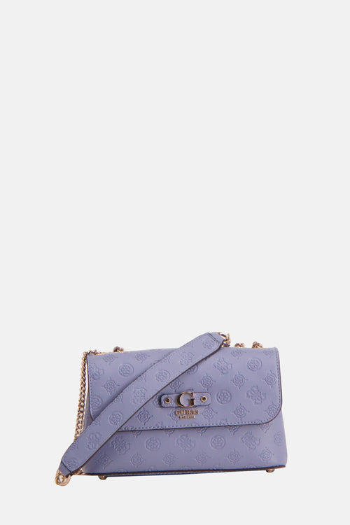 Blauwe Guess schoudertas met monogrampatroon en gouden kettingriem.