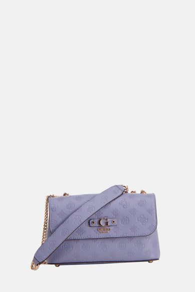Blauwe Guess schoudertas met monogrampatroon en gouden kettingriem.