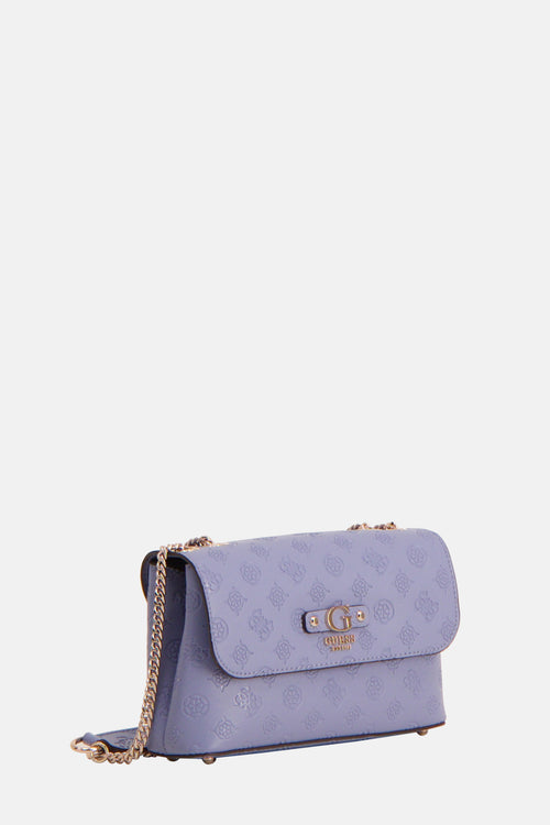Blauwe schoudertas van Guess met print en gouden kettingriem.