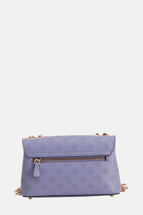 Sac à bandoulière bleu de Guess, avec motif monogrammé et bandoulière chaîne dorée.

