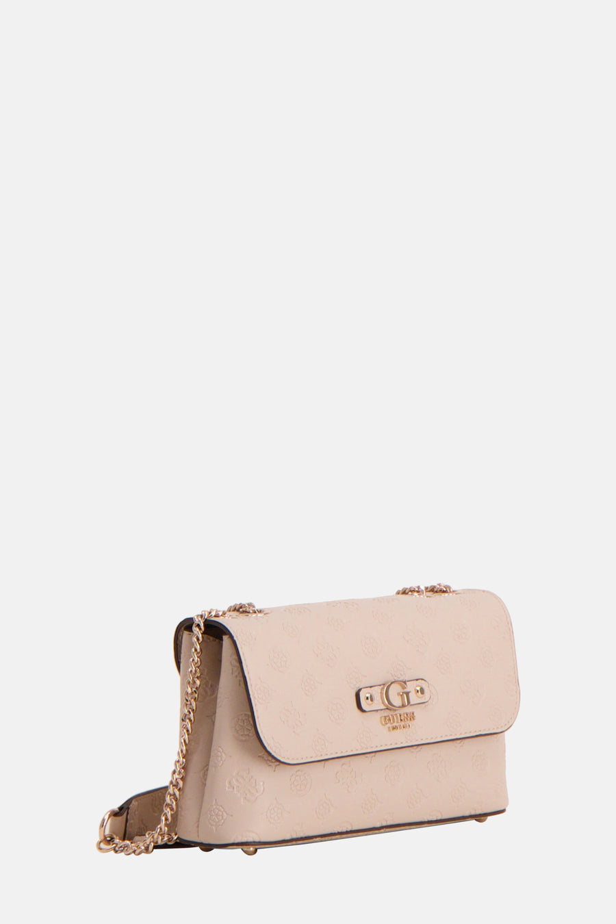 Beige schoudertas van Guess, met gouden ketting en ton-sur-ton patroon.