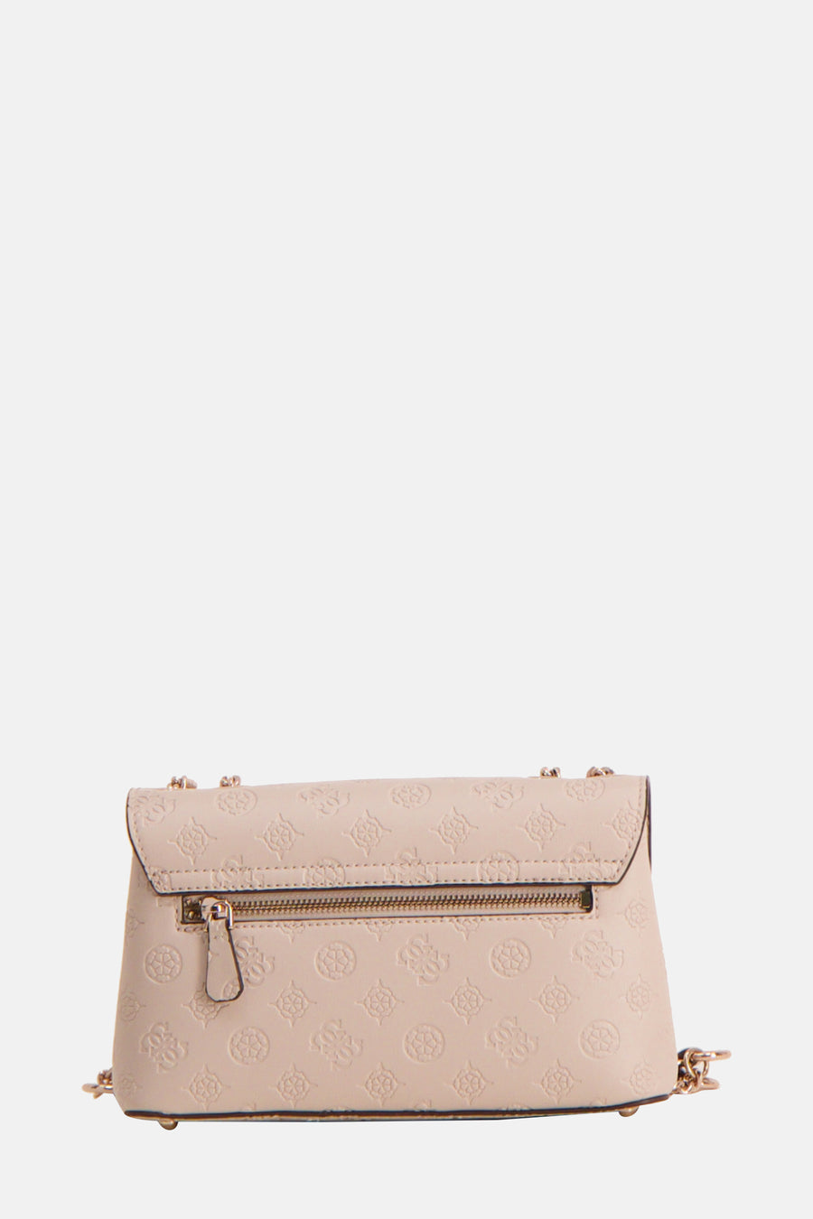 Sac à bandoulière beige de Guess, avec motif en relief et bandoulière chaîne dorée.