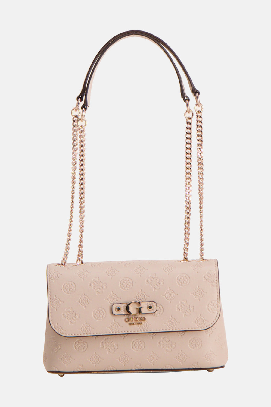 Beige schoudertas van Guess met een gouden ketting en een reliëfprint.