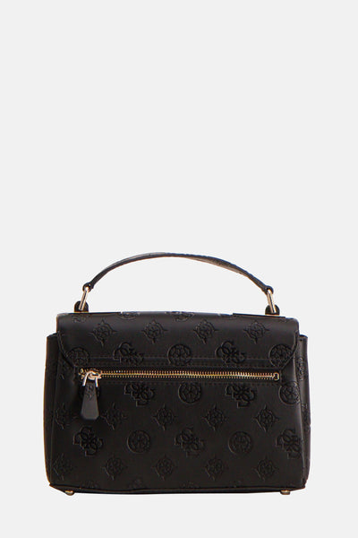 Sac à bandoulière noir de Guess, avec un motif de monogramme en relief et une fermeture éclair dorée.