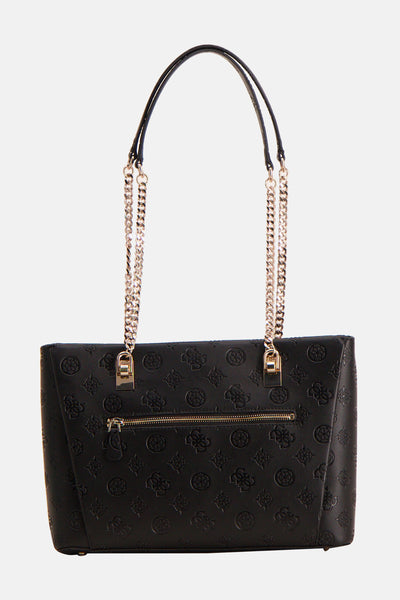 Sac à bandoulière noir de Guess, orné d'un motif monogramme en relief et d'une fermeture éclair dorée.