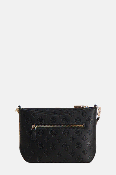 Sac à bandoulière noir de Guess avec motif en relief répété et fermeture zippée dorée.

