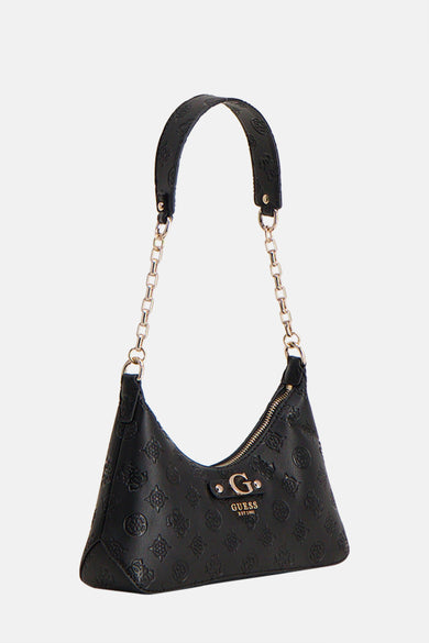 Zwarte Guess schoudertas met gouden ketting en een ton-sur-ton reliëfpatroon.
