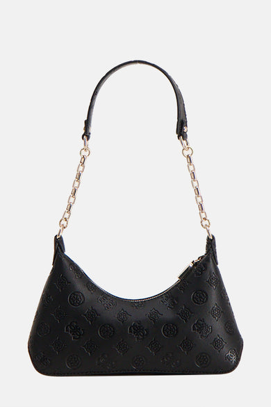 Sac à bandoulière noir de Guess, avec une chaîne dorée et un motif en relief ton sur ton.
