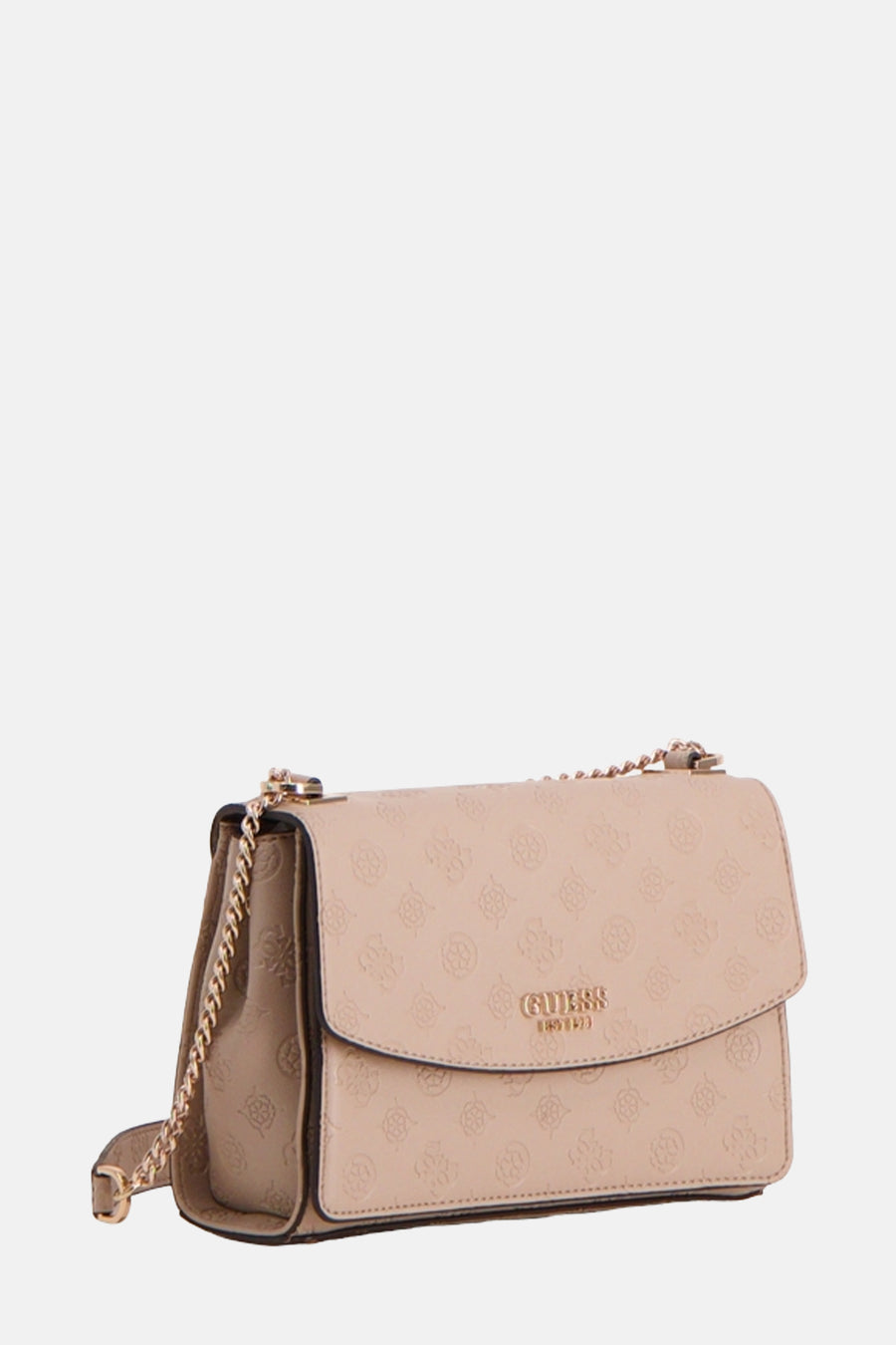 Beige Guess schoudertas met reliëfpatroon en gouden kettingriem.
