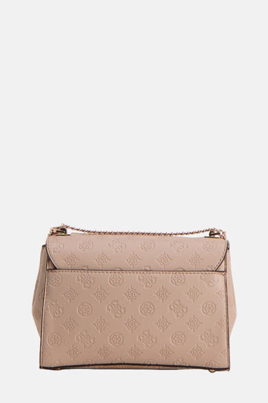 Beige schoudertas van Guess, met reliëf bloemenpatroon en gouden ketting schouderriem.