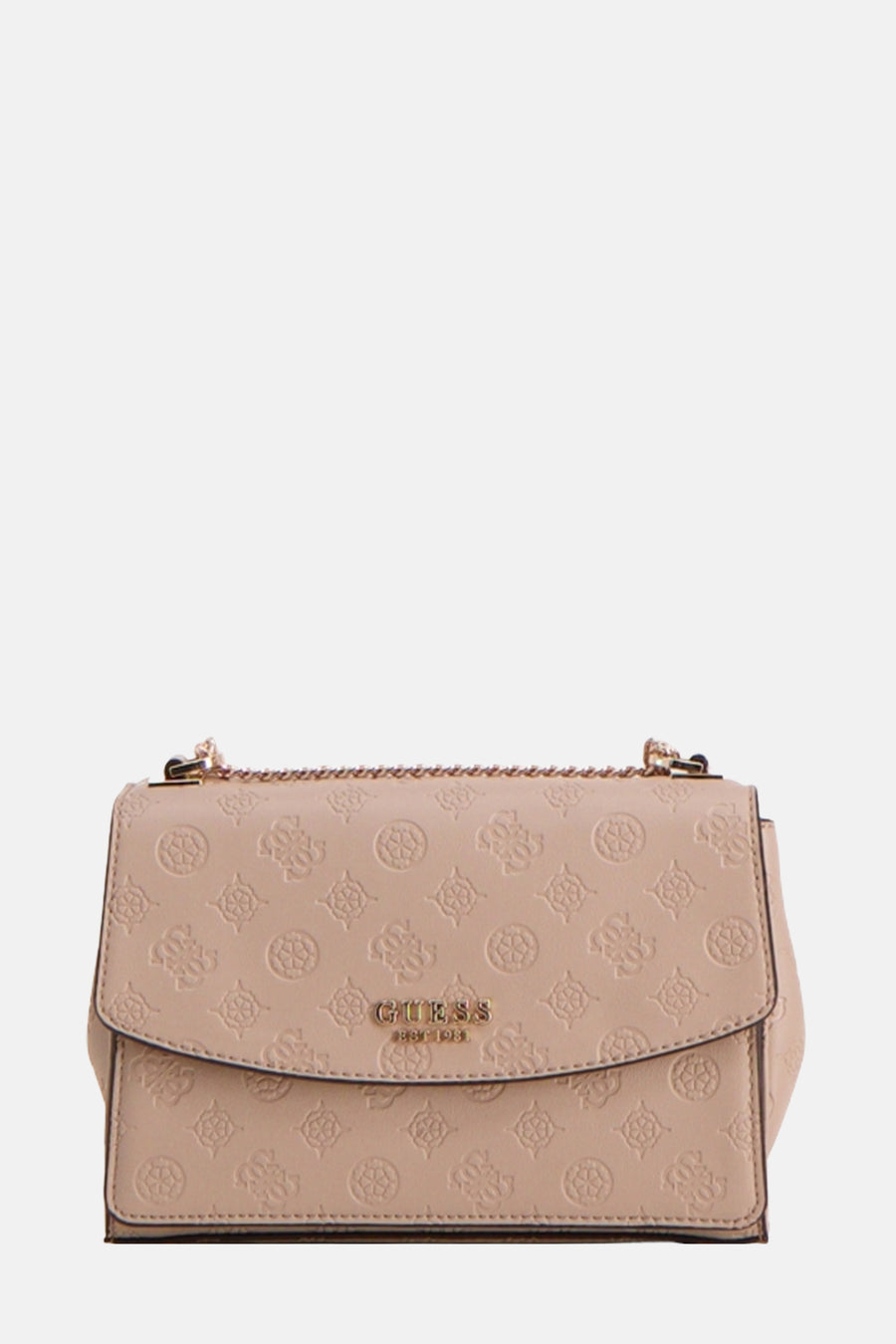 Beige schoudertas van Guess, met herhaald patroon en decoratieve gouden ketting.