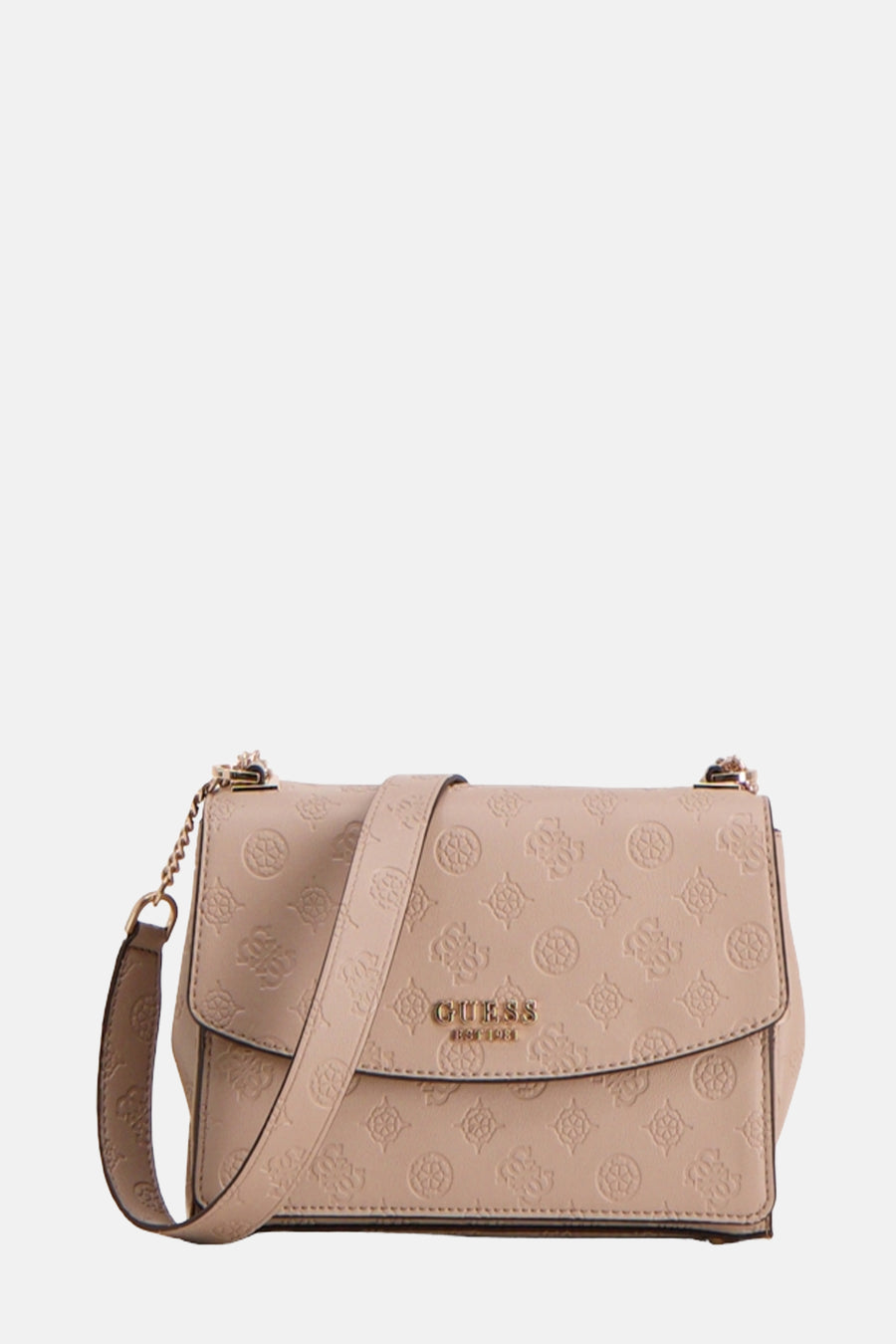 Beige Guess schoudertas met herhalend patroon en gouden kettingriem.