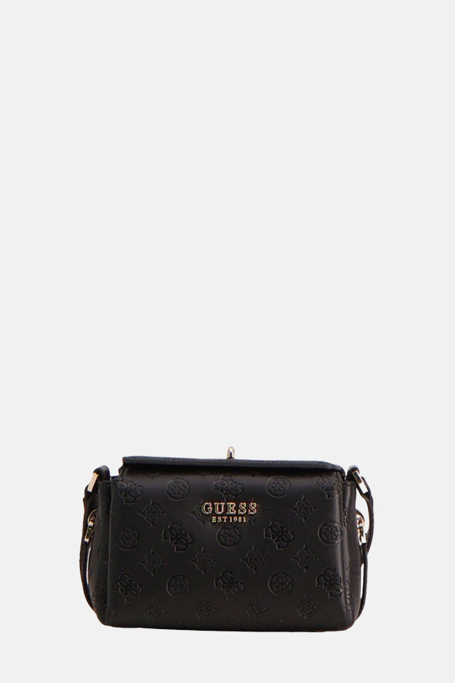 Zwarte Guess® schoudertas met herhaald logo-patroon en verstelbare schouderriem.