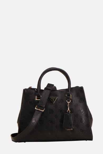 Zwarte Guess handtas, met een all-over reliëf logo patroon.