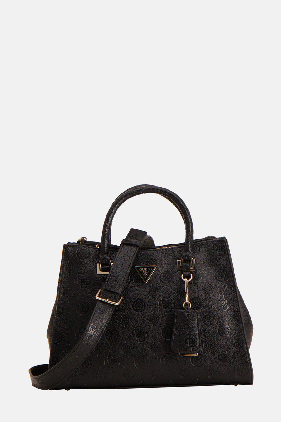 Zwarte Guess handtas, met een all-over reliëf logo patroon.