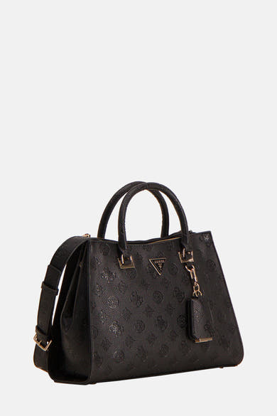Zwarte Guess handtas, met reliëfpatroon, verstelbare schouderriem en gouden details.