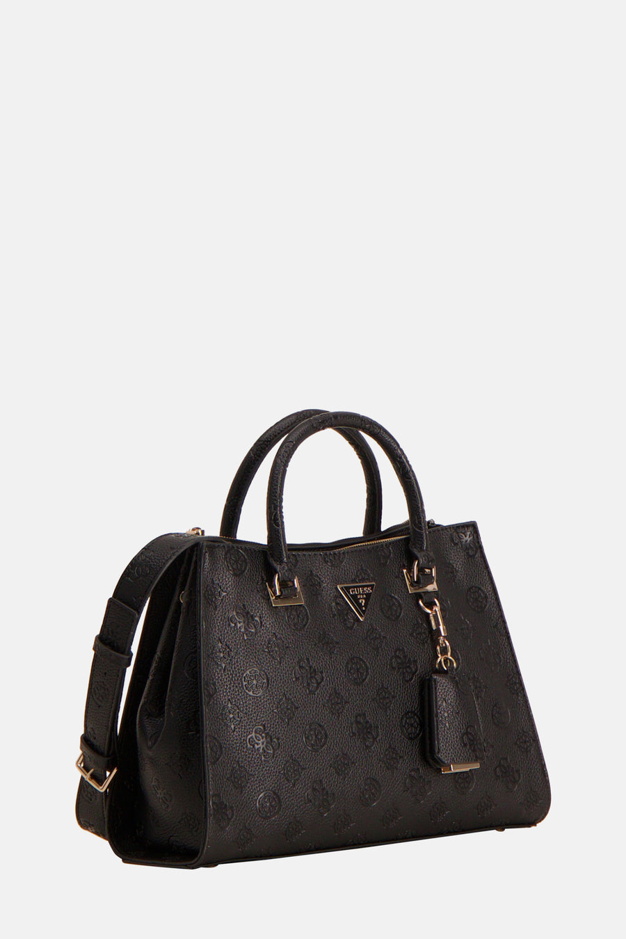 Zwarte Guess handtas, met reliëfpatroon, verstelbare schouderriem en gouden details.