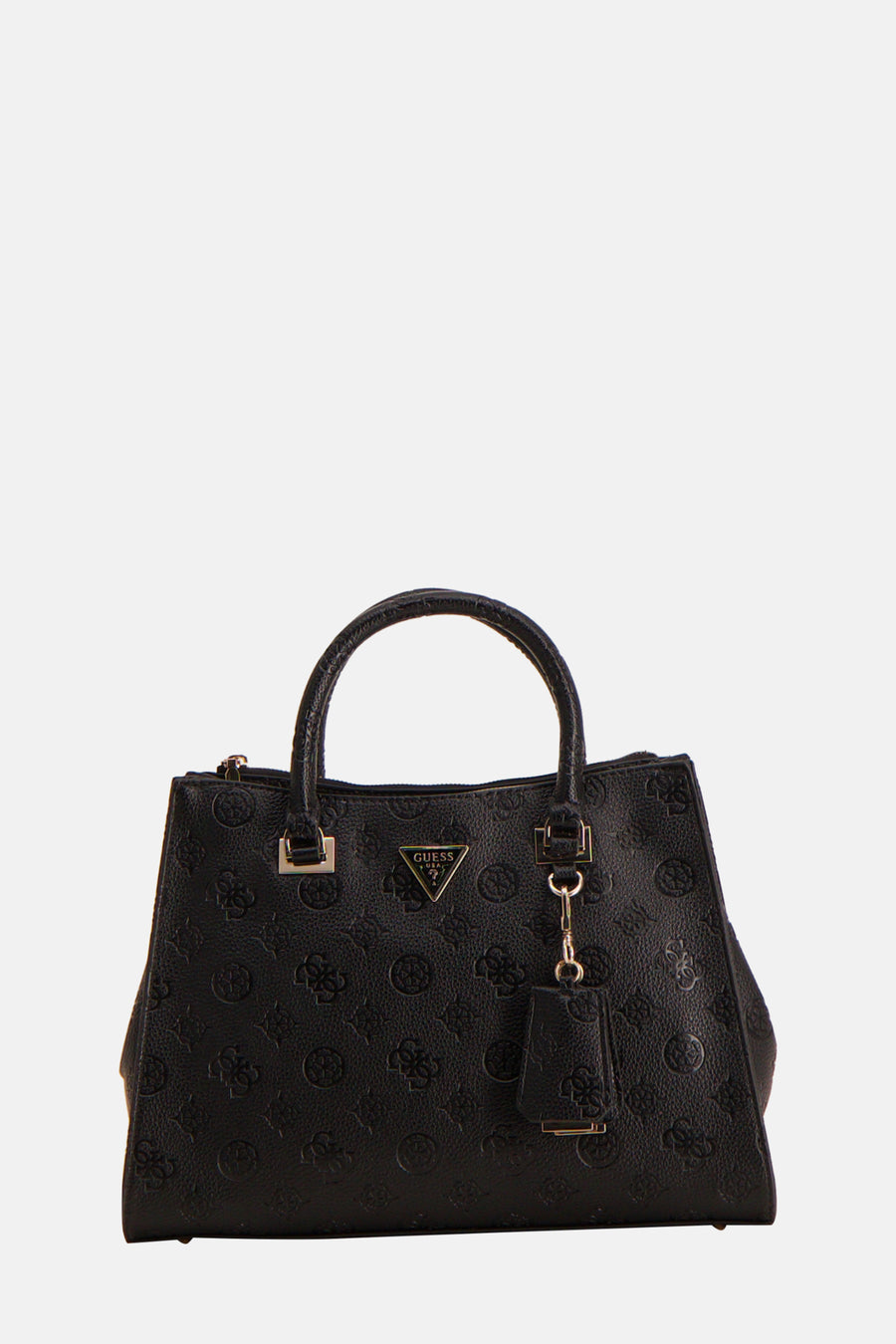 Zwarte Guess handtas, met reliëf logo patroon en hangende decoratieve bedel.