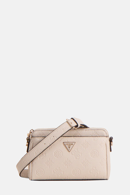 Witte Guess riemzak met reliefmotief en goudde details.