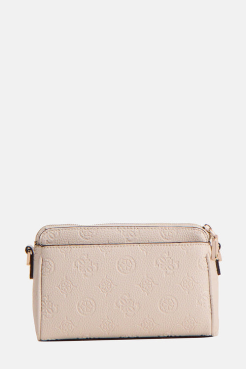 Sac à bandoulière blanc de Guess, avec motif en relief et détails dorés.
