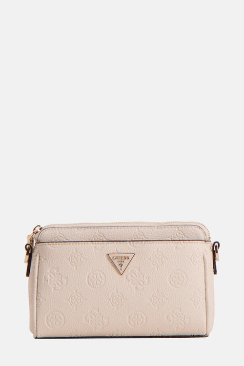 Witte Guess schoudertas met herhaald bloemenpatroon en gouden metalen details.