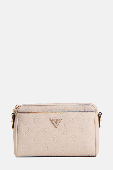 Witte Guess schoudertas met herhaald bloemenpatroon en gouden metalen details.