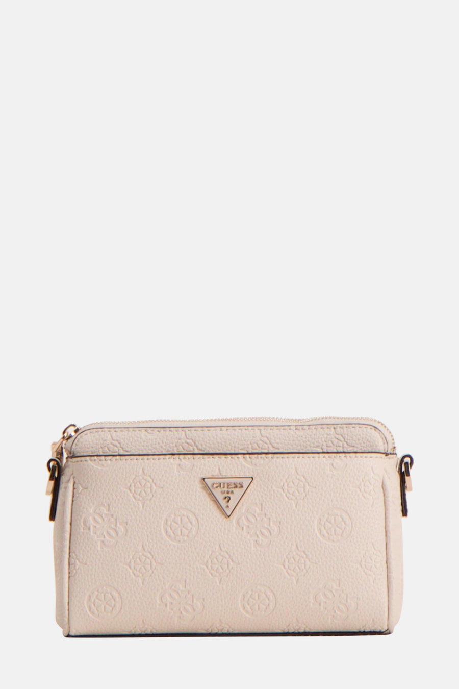 Witte Guess schoudertas met herhaald bloemenpatroon en gouden metalen details.