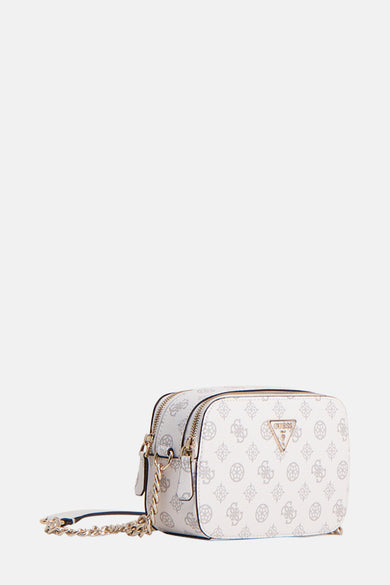 Witte Guess schoudertas met print en gouden kettingriem.