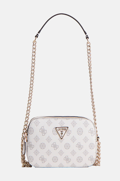 Witte Guess schoudertas met print en goudkleurige en zwarte kettingriem.