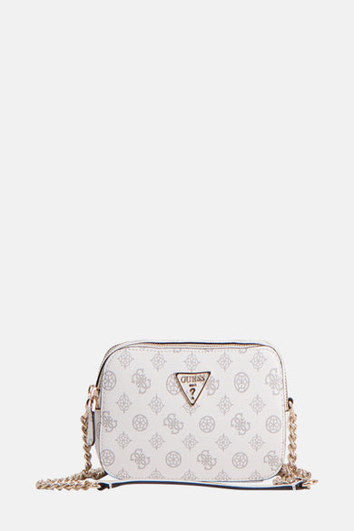 Witte Guess schoudertas met logoprint en gouden kettingriem.