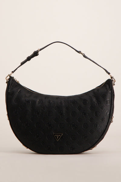 Zwarte Guess schoudertas met all-over reliëf monogrampatroon.