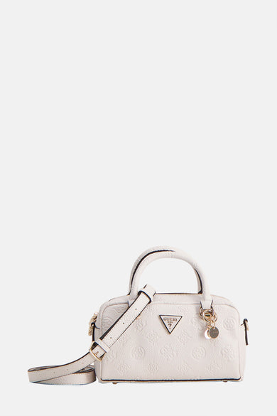 Sac à main blanc de Guess, avec un motif en relief et des breloques dorées