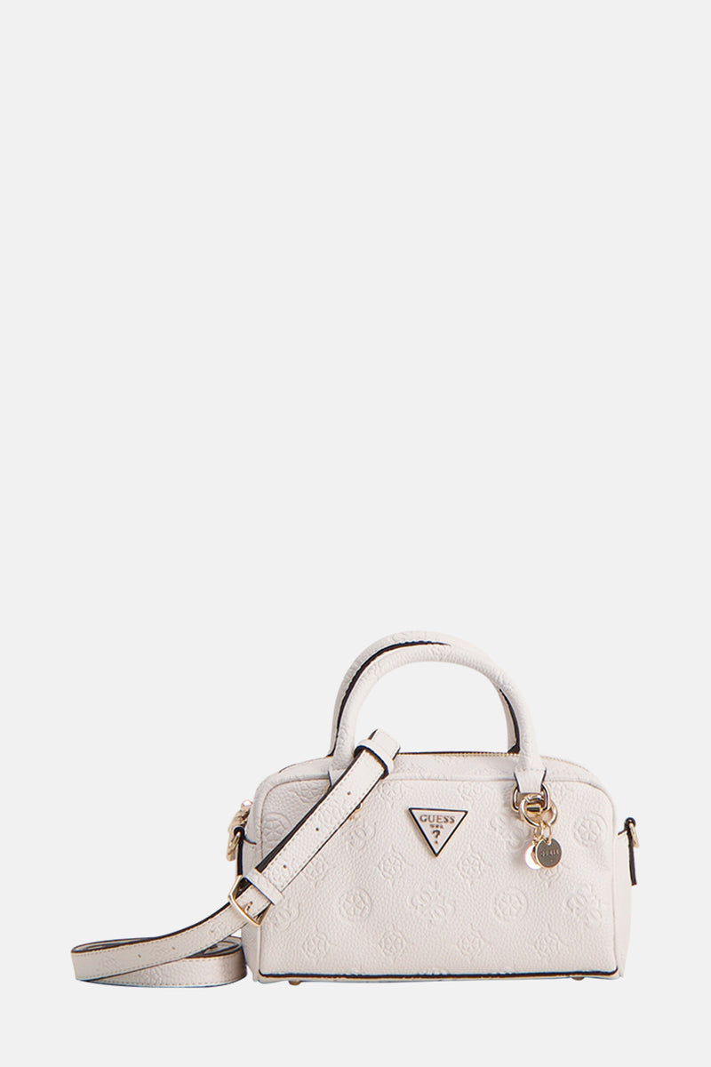 Sac à main blanc de Guess, avec un motif en relief et des breloques dorées