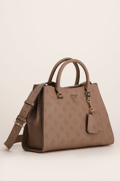 Sac à main brun de Guess, orné d'un motif monogramme en relief et d'une bandoulière réglable.
