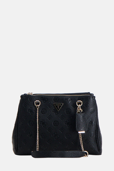 Sac à bandoulière noir de Guess avec motif en relief, breloque et chaîne argentée.
