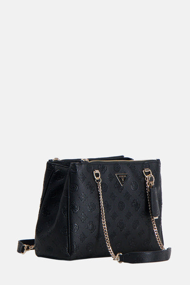 Sac à bandoulière noir de Guess avec chaîne décorative et motif en relief.
