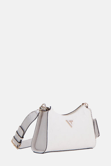 Witte Guess schoudertas met een reliëf logo patroon en een verstelbare schouderriem.