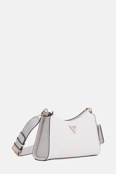 Witte Guess schoudertas met een reliëf logo patroon en een verstelbare schouderriem.
