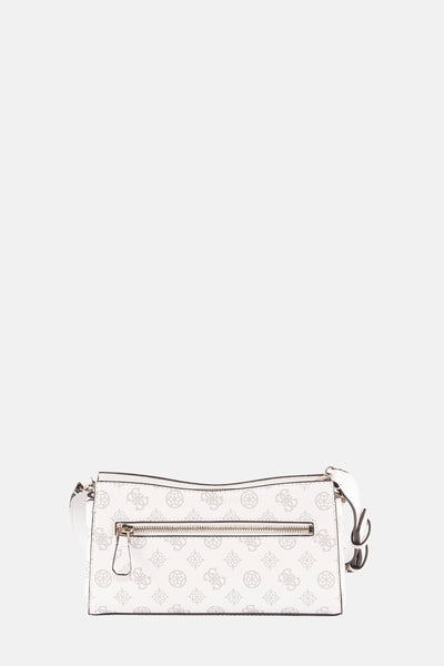 Witte Guess schoudertas met print en gouden ritssluiting.