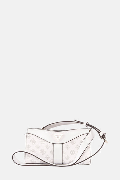 Witte Guess schoudertas met monogrampatroon en schouderriem.