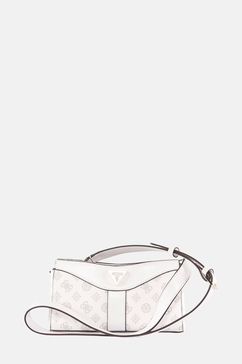 Witte Guess schoudertas met monogrampatroon en schouderriem.