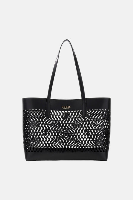 Sac à bandoulière noir de Guess, avec motif ajouré en losange et logo doré.
