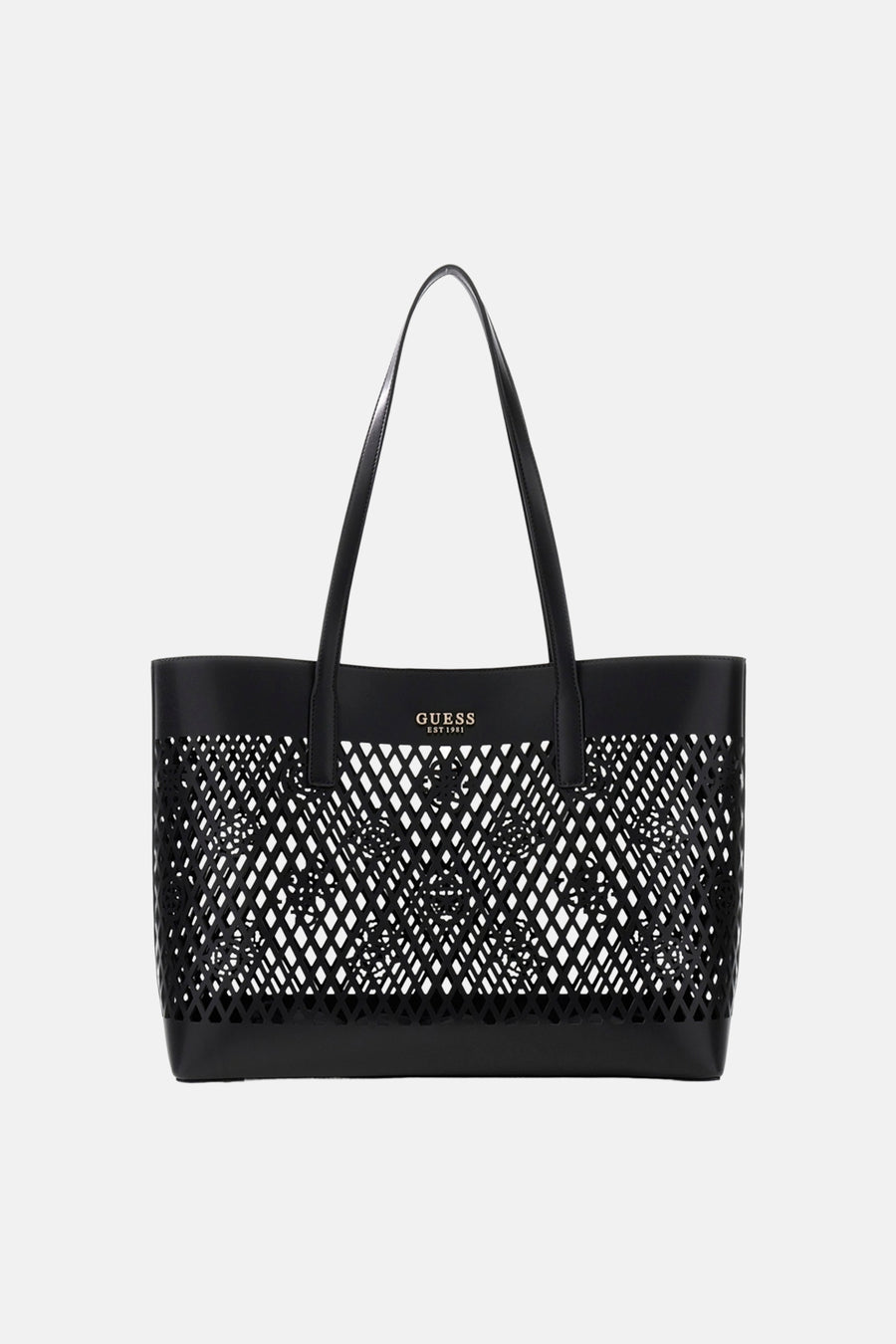 Zwarte Guess schoudertas met ruitvormig opengewerkt patroon en gouden logo.