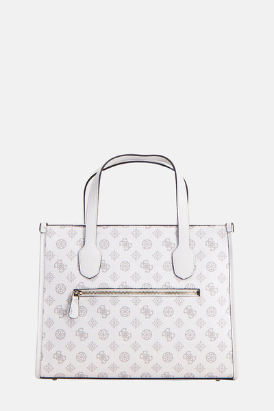 Witte Guess handtas met all-over monogrampatroon en ritssluiting aan de voorkant.