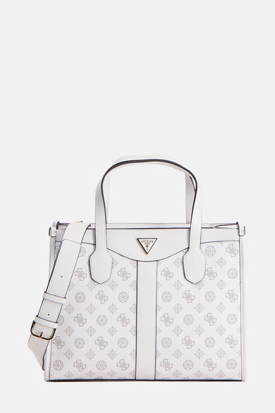 Witte Guess handtas, met printpatroon, verstelbare schouderriem en driehoekig logo.