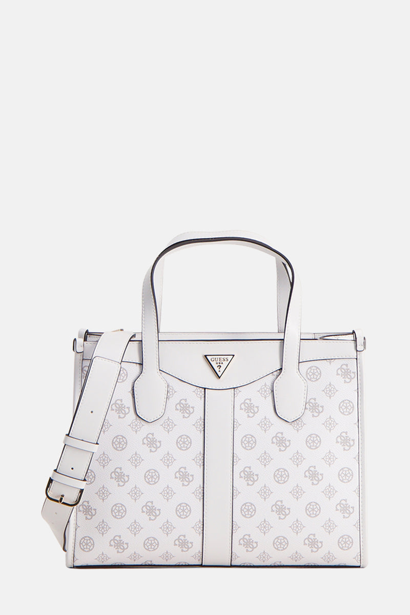 Witte Guess handtas, met printpatroon, verstelbare schouderriem en driehoekig logo.