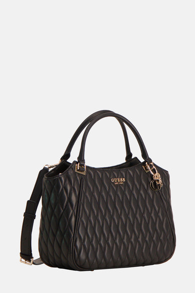 Zwarte Guess handtas, met gewatteerd patroon en verstelbare schouderriem.