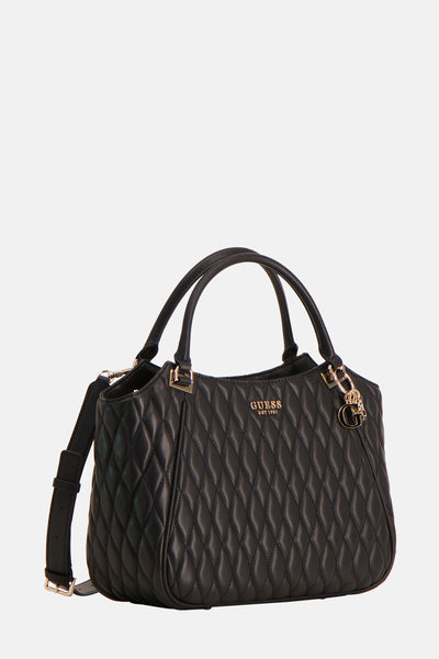 Zwarte Guess handtas, met gewatteerd patroon en verstelbare schouderriem.