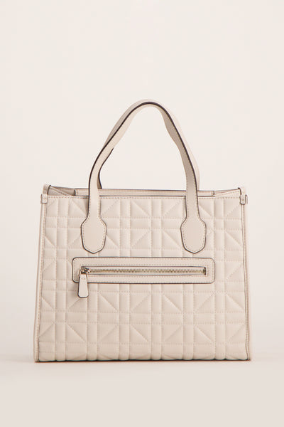 Sac à main écru de Guess, avec motif géométrique matelassé et une poche zippée avant.
