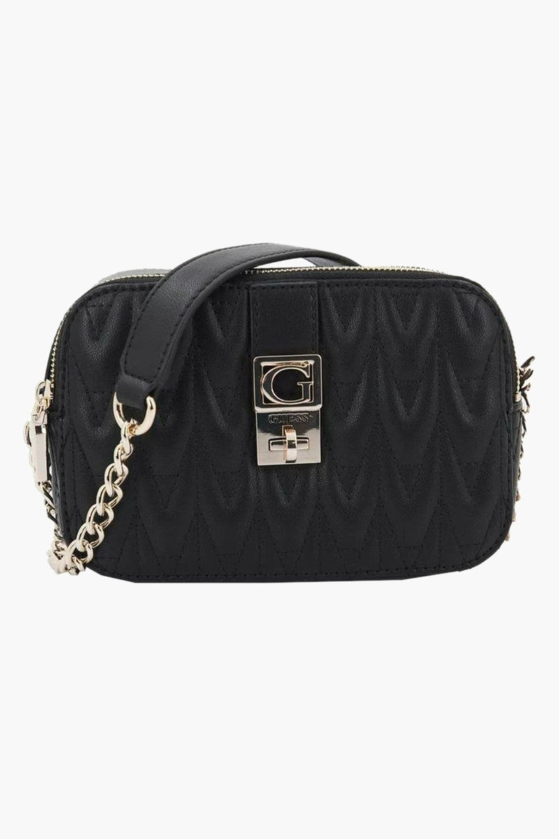 Black quilted crossbody bag by Guess with gold-tone chain strap and front logo clasp, front view